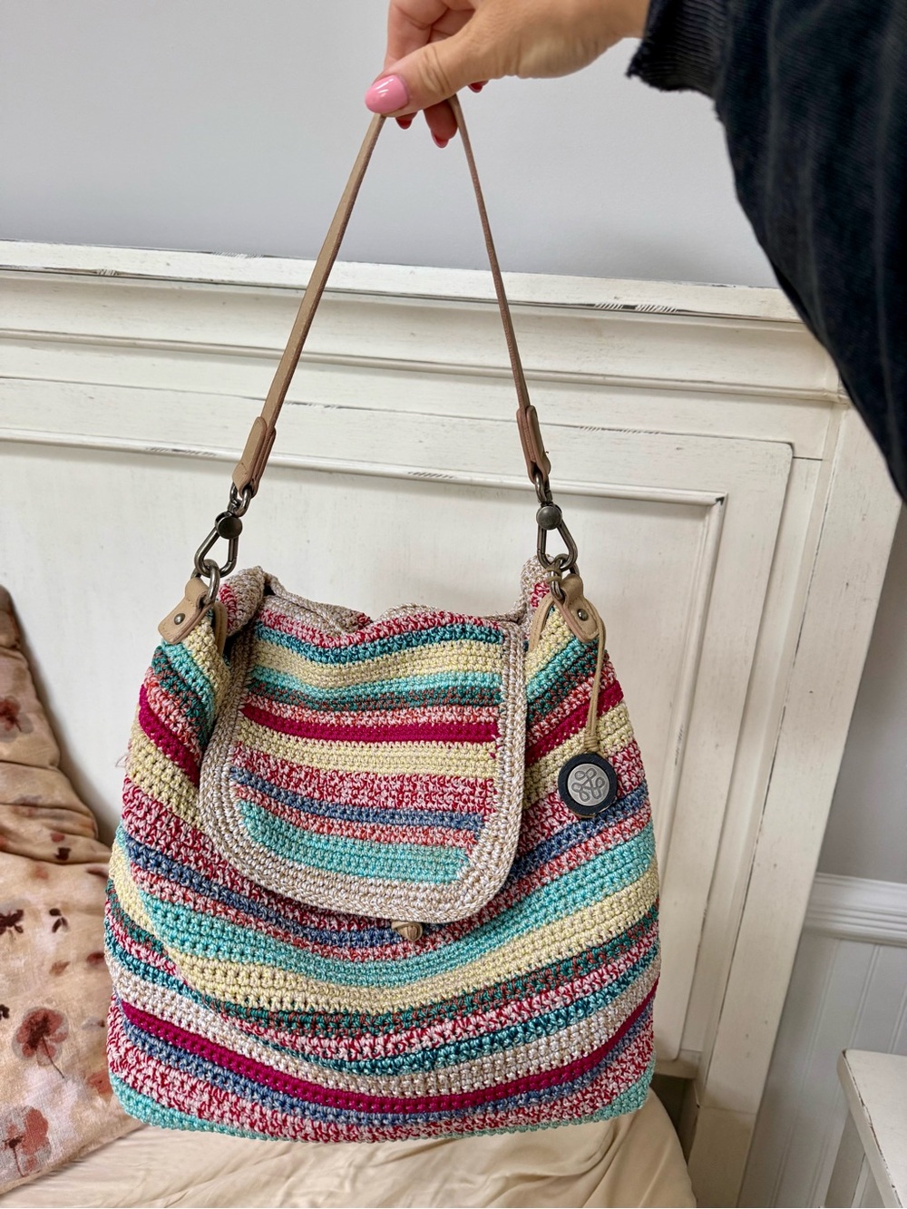 The Sak Boho Crochet Stripe Tote Bag/Backpack with Leather Strap - Multicolor